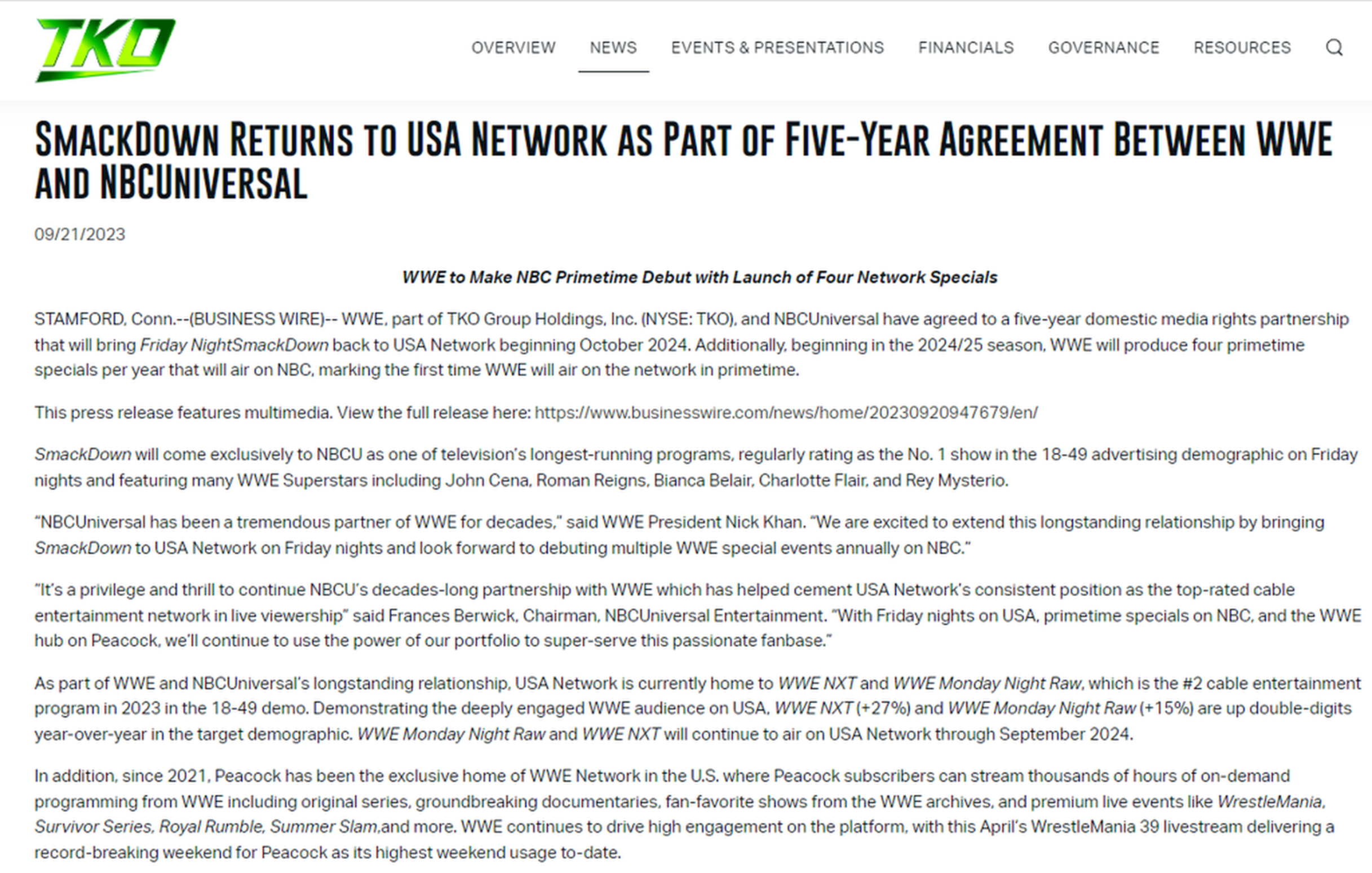 SmackDown tornerà in onda su USA Network da ottobre 2024